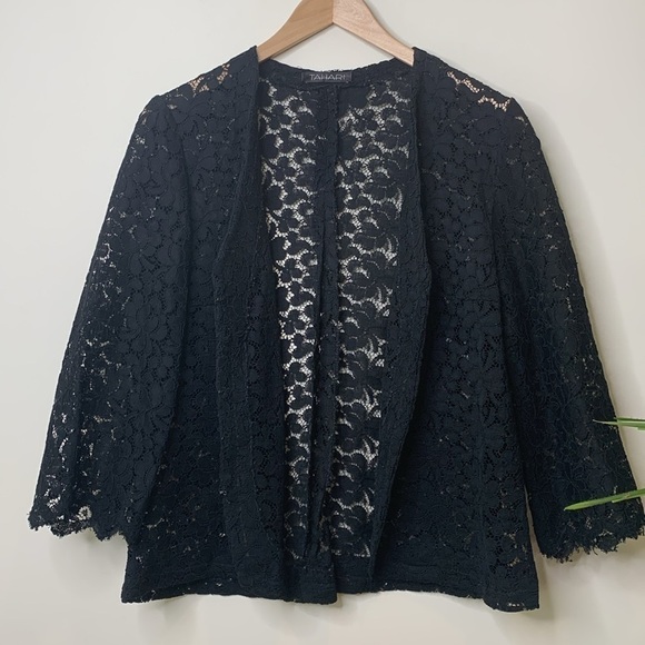 Tahari | Black Floral Embroidered Lace Sheer V-Neck Cardigan Jacket M - Picture 11 of 16